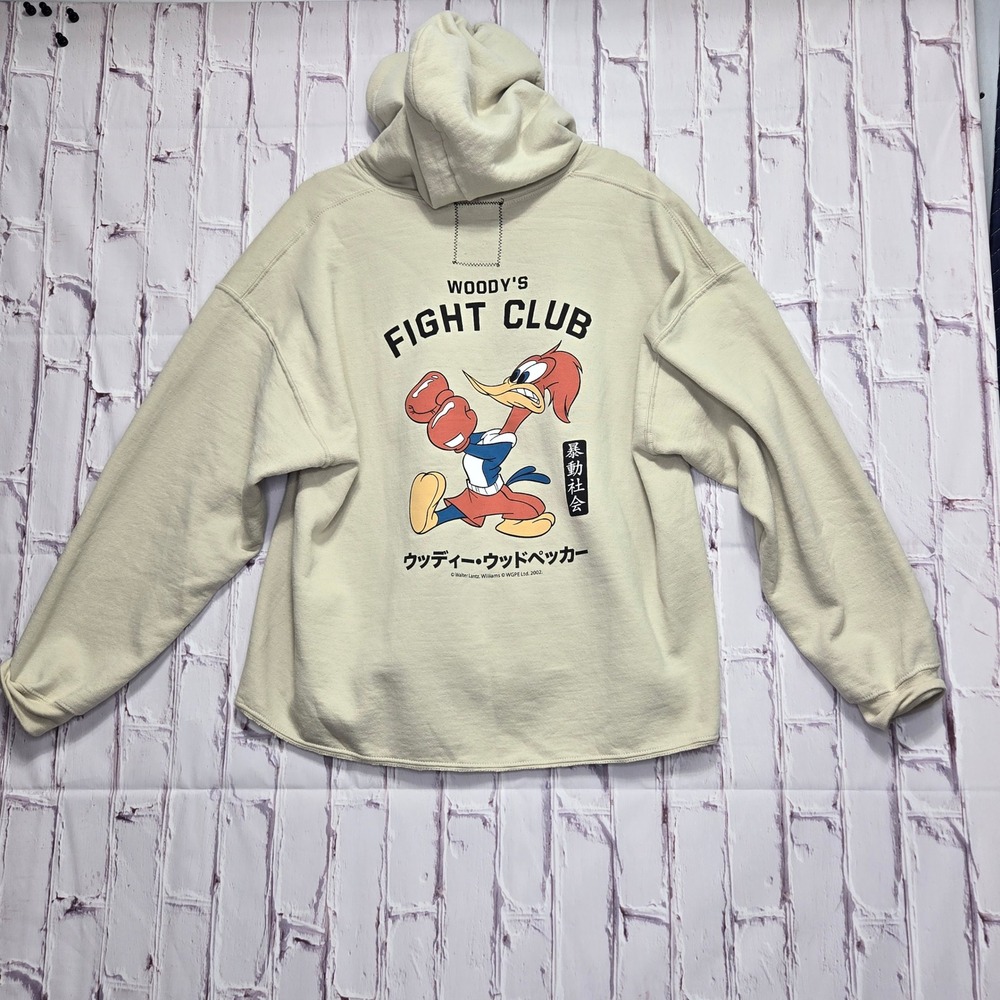 Riot Society Woody Woodpecker Fight Club Hoodie XL Raw Hem Graphic Pullover